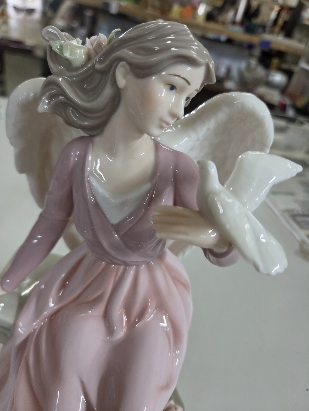 Vintage O'Well Grandeur Noel 2001 Porcelain Angel Figurine Pink Dress Dove Bench